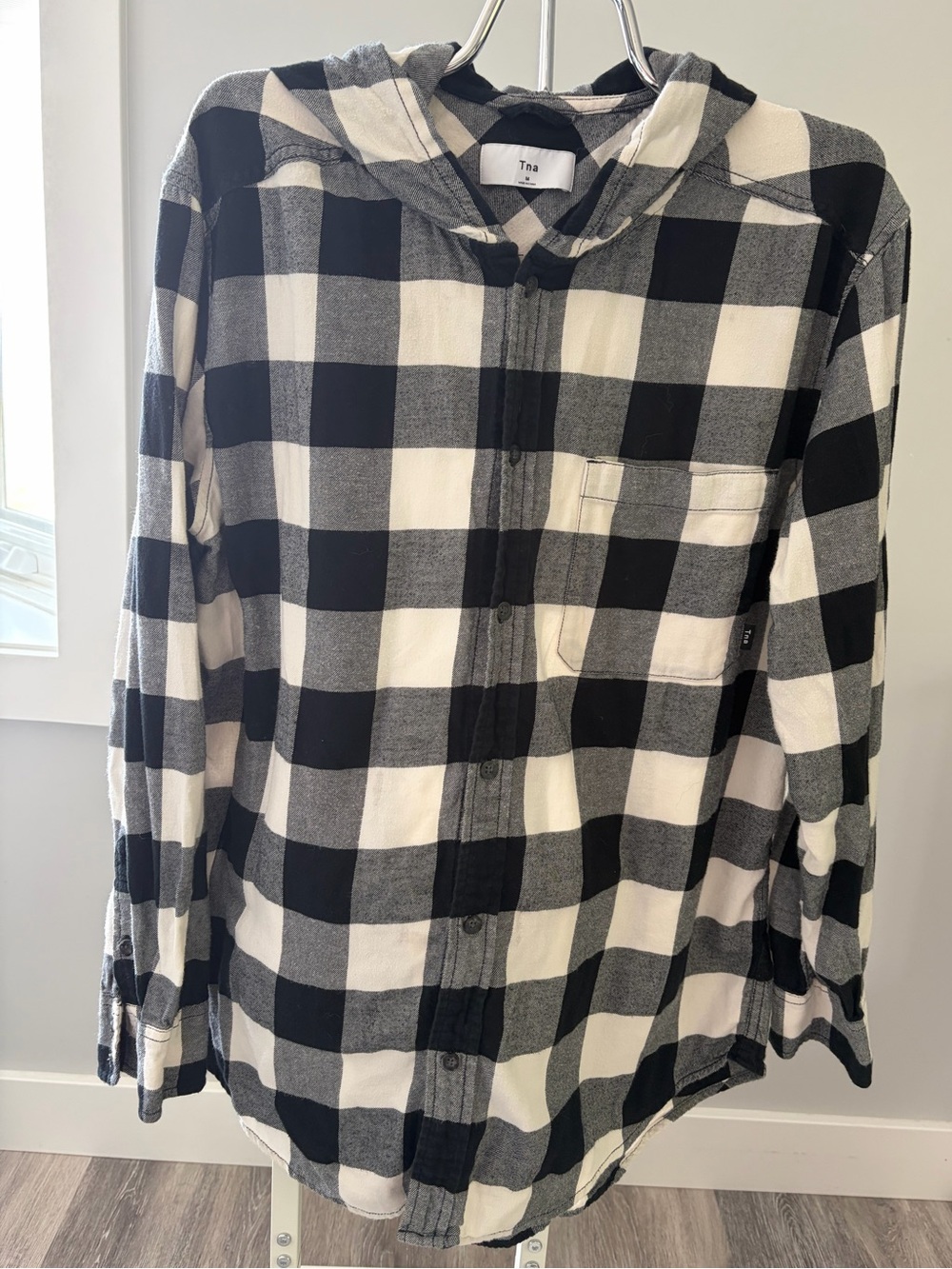 TNA Black & White Plaid Hooded Button-Up